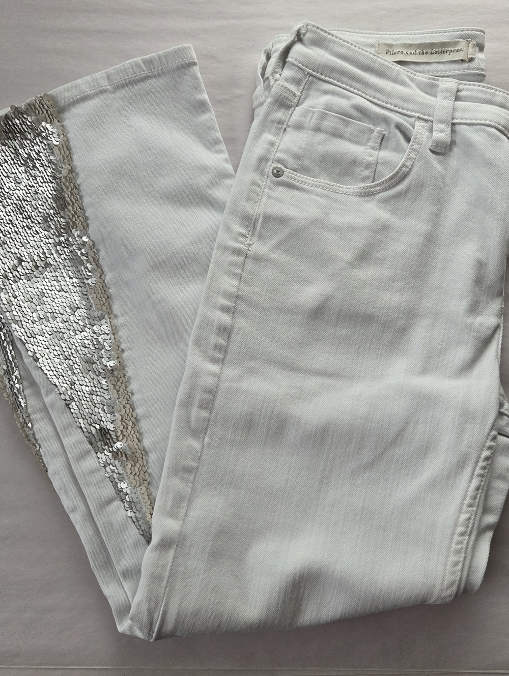 Pilcro White Flare Jeans with Silver Sequin Inset Size 26